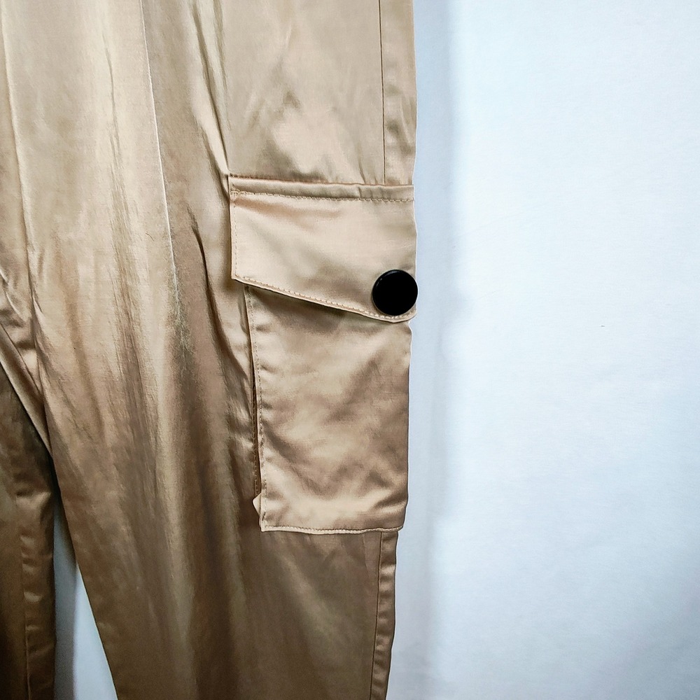 Zara Women's Champagne Gold Satin Cargo Pants Wide Leg High Waist Utility M - Picture 5 of 15